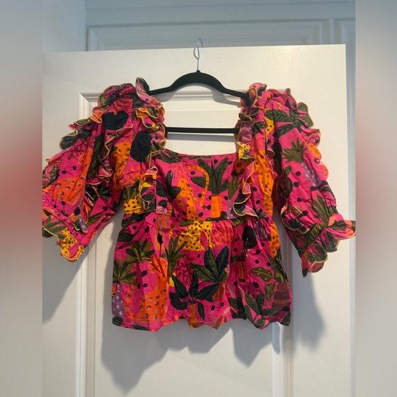 Farm Rio Pop Leopards Blouse Size XS Valentine's Spring Beach Vacay - Picture 3 of 6